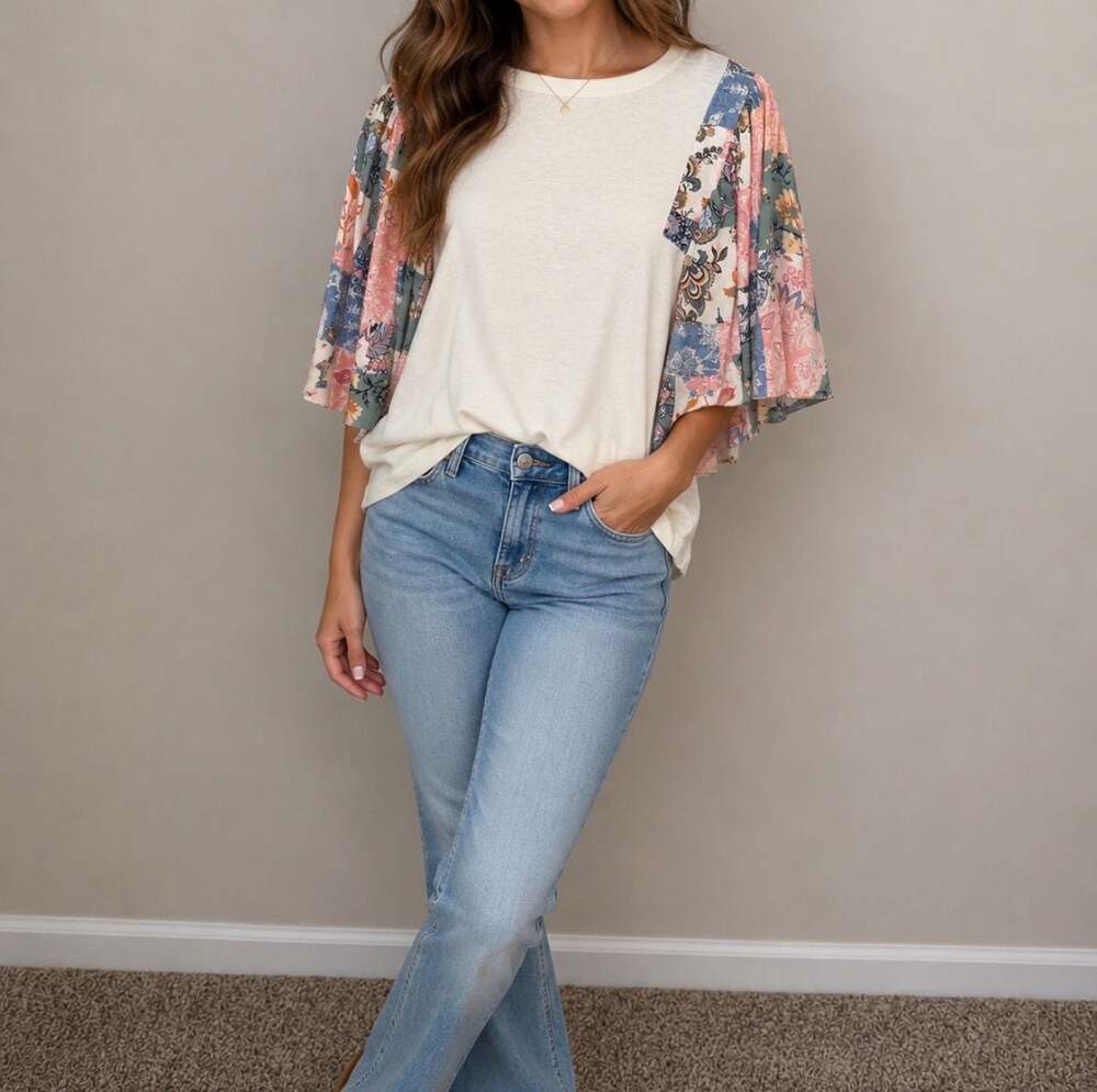 Cactus + Pearl Floral Patchwork Flutter Sleeve Top Size S